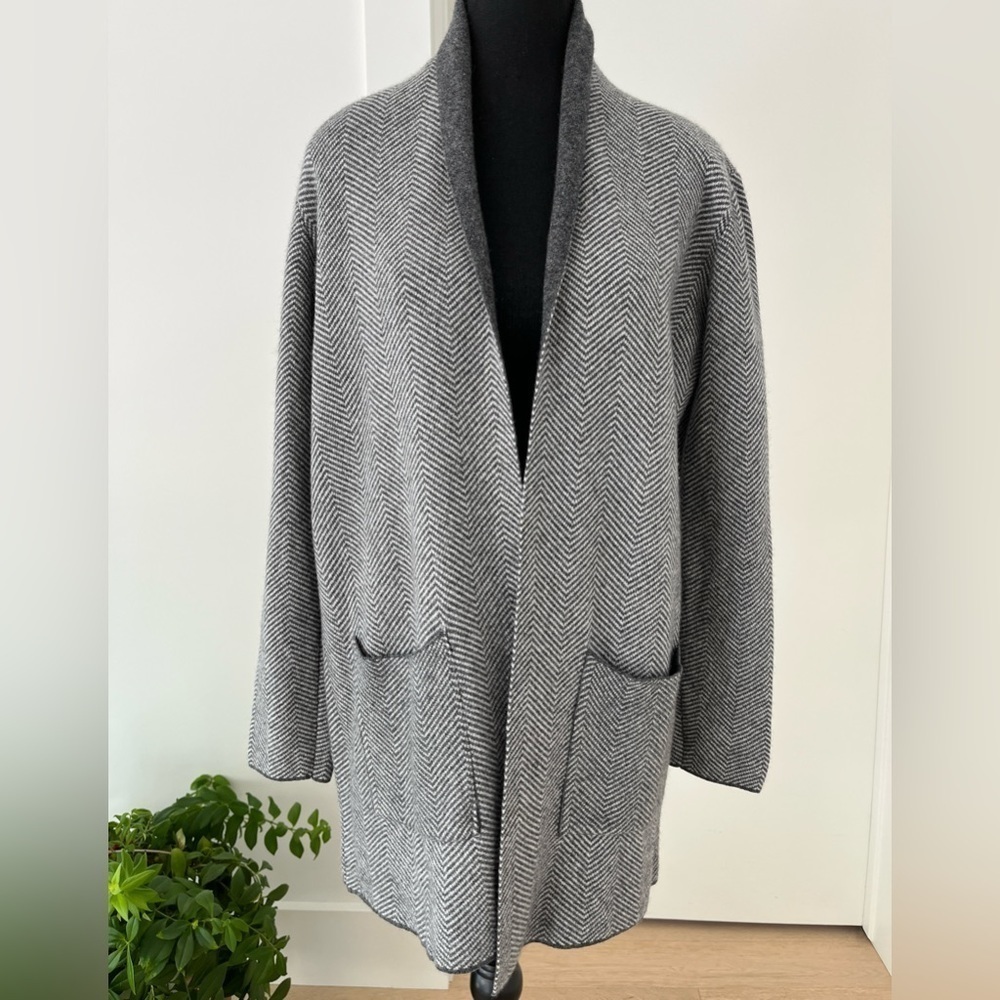 BENEDETTA B Open Front Long Cardigan Herringbone Pattern Wool Blend Neutral Cozy